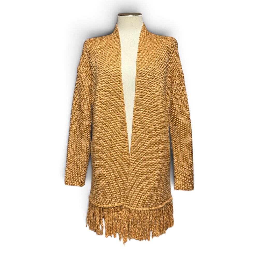 J.Jill Wool Long Sleeve Open Front Textured Knit Cardigan Fringe Saffron Small